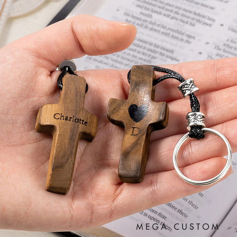 Personalized Wooden Cross Heart Keychain with Initial and Name Engraving Religious Gift Birthday Gift for Christians