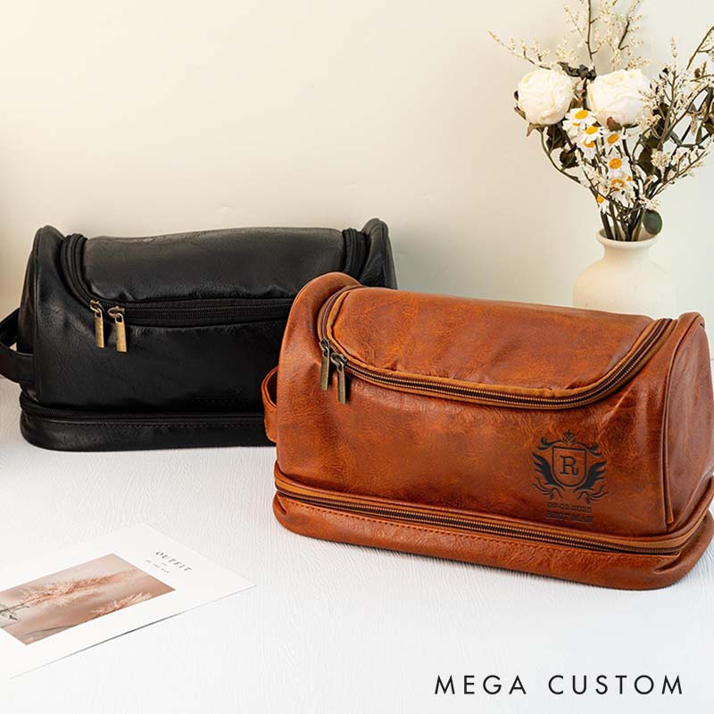 Personalized Groomsmen Shaving Kit Bag Engraved Leather Toiletry Bag for Groom Regal Crest Design Men’s Travel Bag for Wedding Party