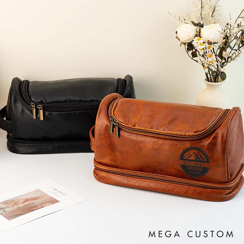 Personalized Groomsmen Leather Dopp Kit Groom Bachelor Party Toiletry Bag Men’s Striking Mountain Design Travel Bag Groomsman Proposal Gift Bag