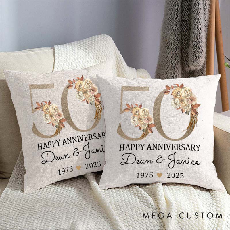 Personalized 50th Anniversary Pillow Couple Golden Wedding Anniversary Pillow Floral Design Couple 50 Years Anniversary Gift for Husband Wife