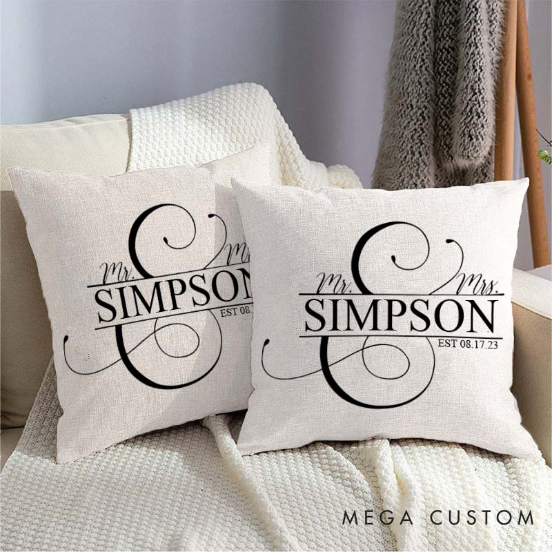 Personalized Mr and Mrs Couple Name Pillow Elegant Wedding Anniversary Gift Pillow with Last Name Husband Wife Anniversary Gift Pillow