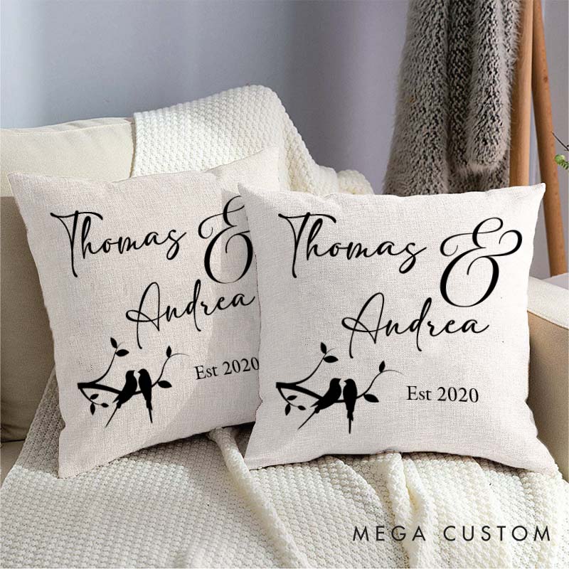 Personalized Love Birds Couple Pillow Custom Wedding Anniversary Gift Pillow for Couple Home Decor Pillow With Name and Date