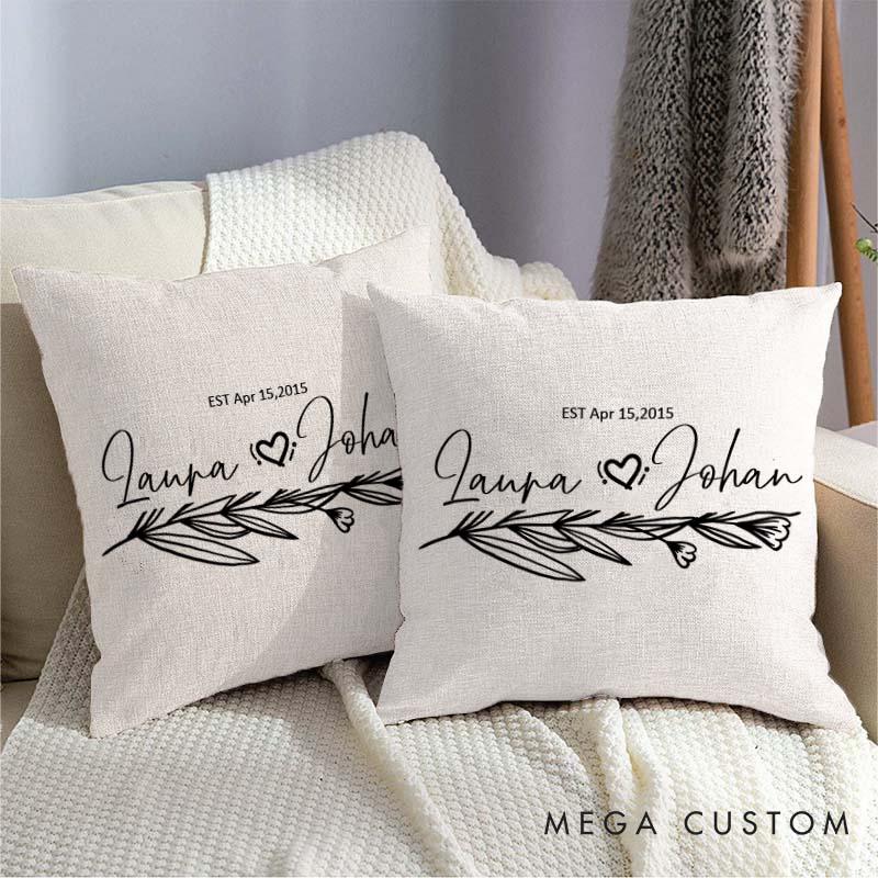 Personalized Couple Anniversary Pillow Wife Husband Wedding Anniversary Pillow Romantic Floral Branch Design Pillow with Name and Date