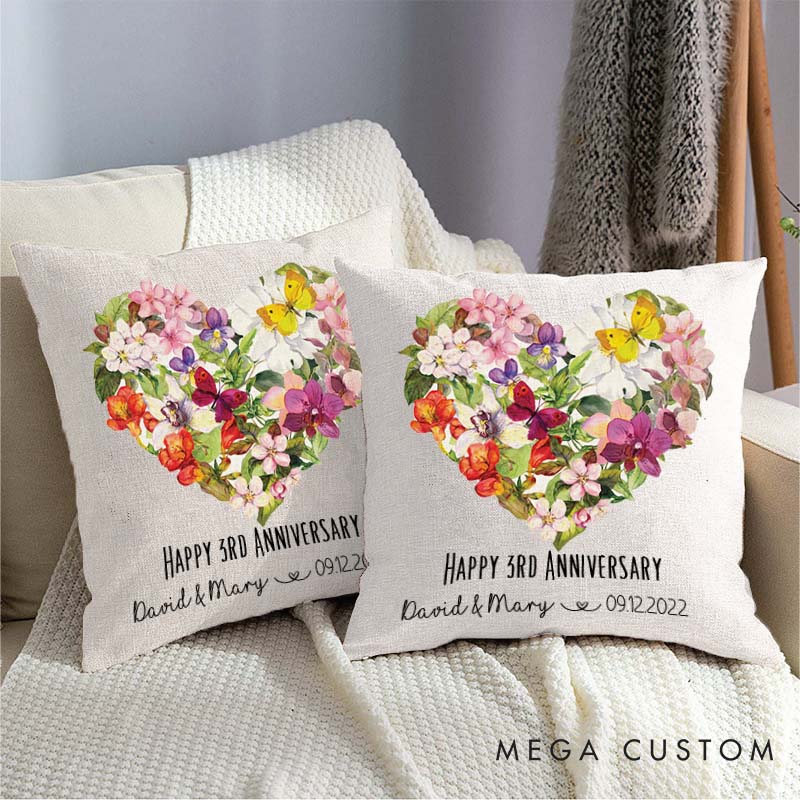 Personalized Floral Heart Anniversary Pillow Couple Wedding Anniversary with Name and Date Romantic Floral Heart Pillow for Him Her