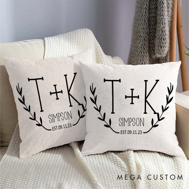 Personalized Couple Initials Pillow Custom Husband Wife Wedding Anniversary Gift Pillow Rustic Laurel Design Anniversary Pillow for Couple