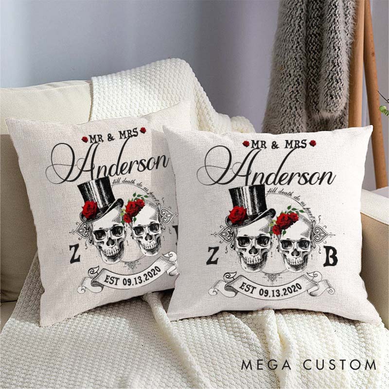 Personalized Gothic Couple Anniversary Pillow Woman Man Wedding Anniversary Pillow Skull Couple Design Pillow with Name and Established Date