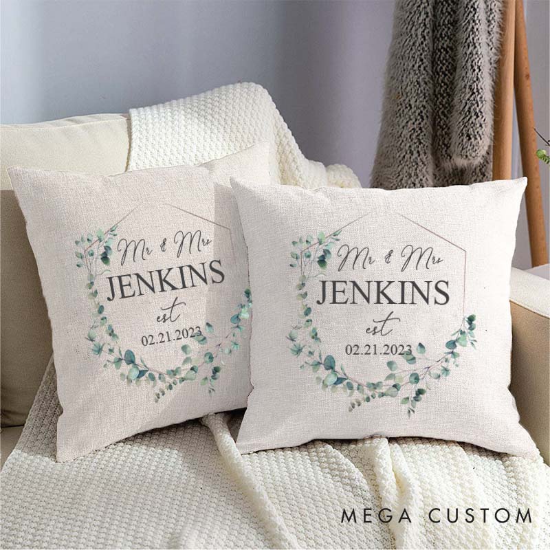 Personalized Mr. and Mrs. Pillow Couple Wedding Anniversary Pillow Elegant Floral Wreath Design Pillow with Name and Date