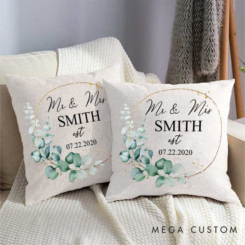 Personalized Mr. and Mrs. Anniversary Pillow Couple Wedding Anniversary Pillow Elegant Greenery Wreath Design Pillow with Name and Date