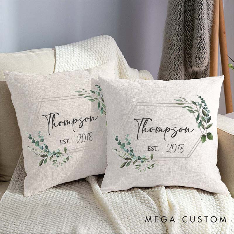Personalized Couple Anniversary Named Pillow Elegant Greenery Design Pillow with Established Date Husband Wife Anniversary Gift Pillow