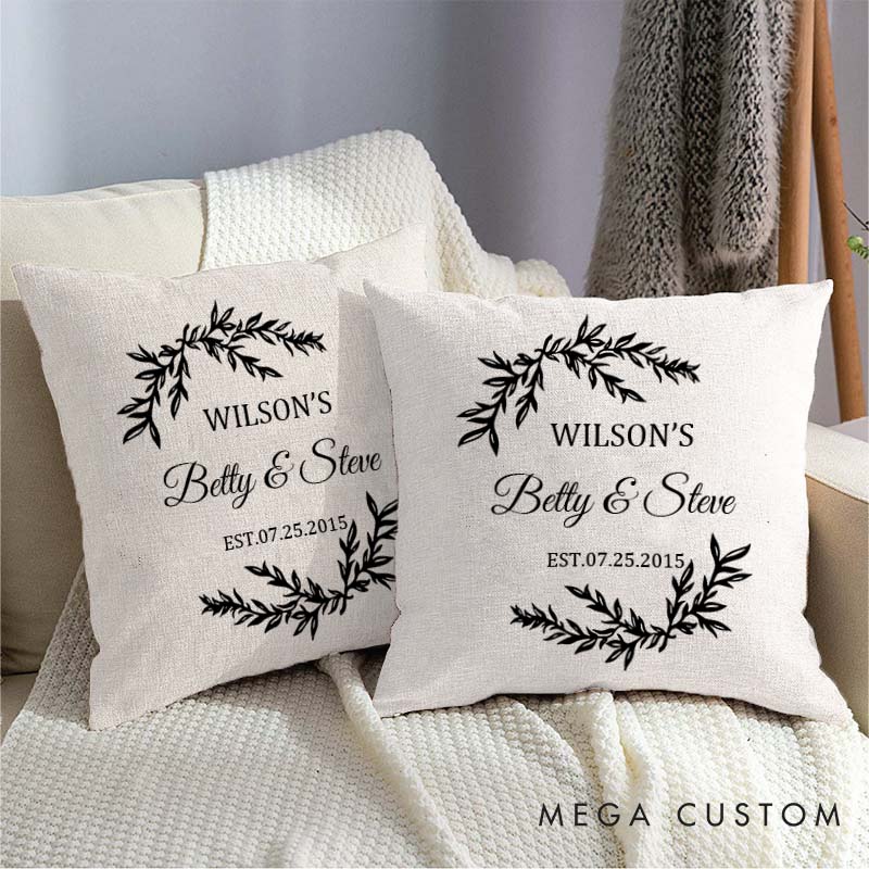 Personalized Couple Wedding Anniversary Pillow Husband Wife Cotton Anniversary Pillow Elegant Wreath Design Pillow with Names and Date