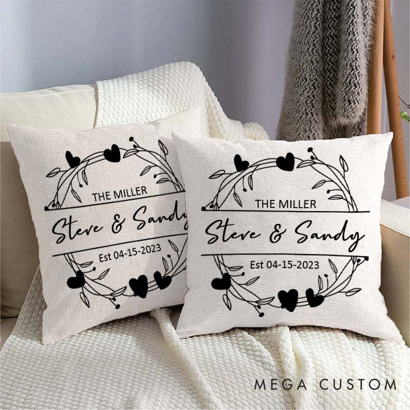 Personalized Couple Pillow Husband Wife Anniversary Pillow Romantic Heart Wreath Design Pillow with Names and Established Year