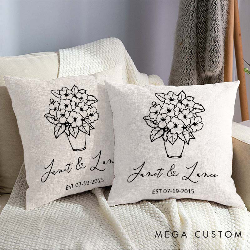 Personalized Floral Couples Pillow Couple Wedding Anniversary Gift Pillow for Her Him Elegant Design Pillow with Names and Established Date