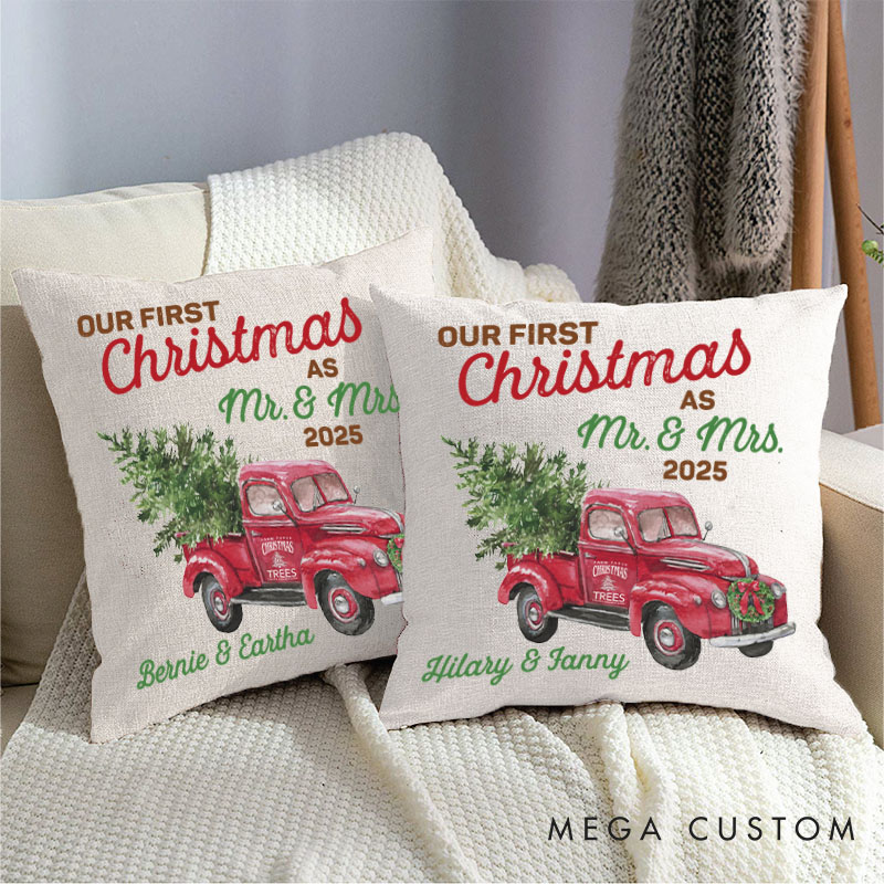 Personalized Couple Our First Christmas as Mr. and Mrs. Pillow Newlyweds Name Pillow Xmas Truck with Tree Pillow Husband Wife Pillow for Him Her