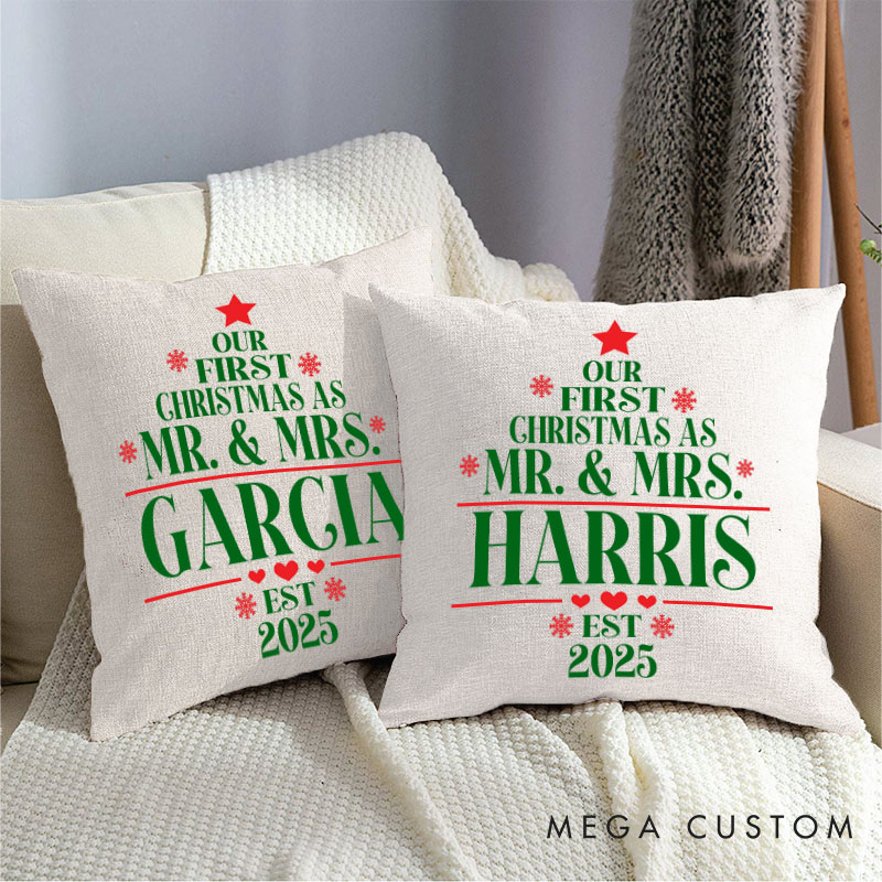 Personalized Couple Our First Christmas as Mr. and Mrs. Pillow Newlyweds Name Pillow Xmas Tree Pillow 2025 Husband Wife Pillow for Him Her