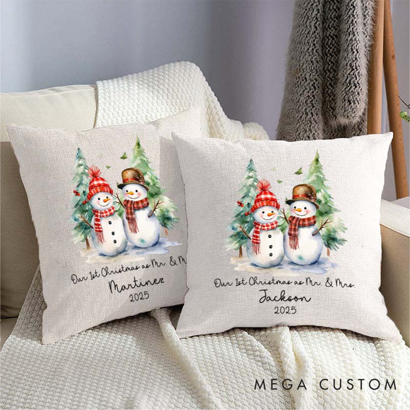 Personalized Couple Our First Christmas as Mr. and Mrs. Pillow Newlyweds Name Pillow Xmas Snowman and Tree Pillow 2025 Husband Wife Pillow for Him Her