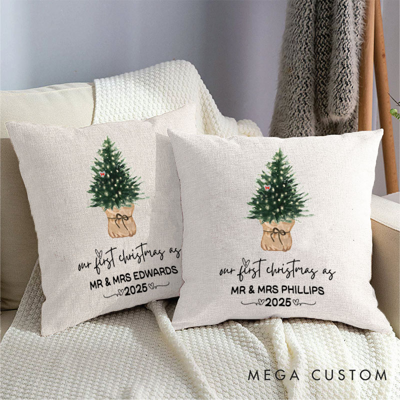 Personalized Couple Our First Christmas as Mr. and Mrs. Pillow Newlyweds Name Pillow Xmas Tree and Heart Pillow 2025 Husband Wife Pillow for Him Her