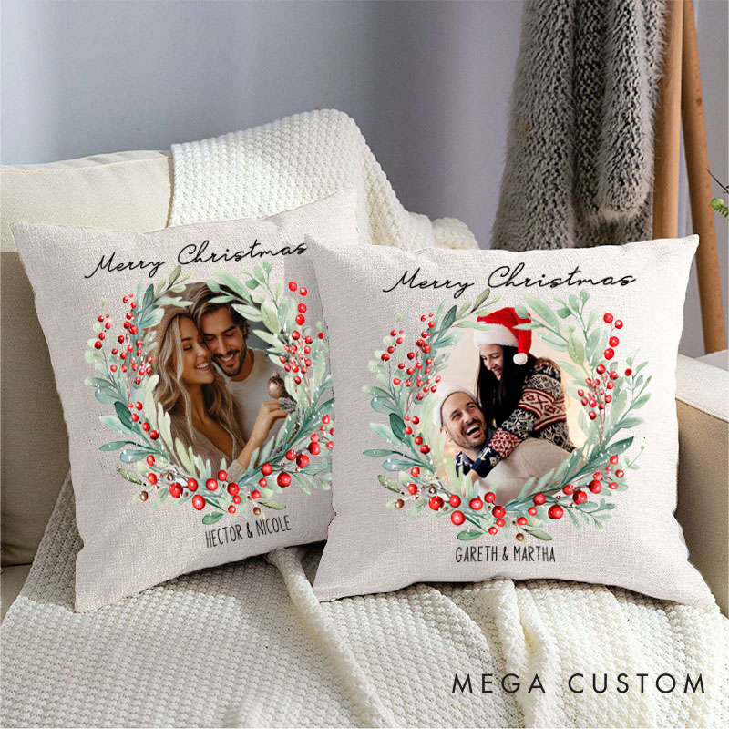 Personalized Couple Merry Christmas Wreath Pillow with Photo Custom Name Pillow Boyfriend Girlfriend Xmas Pillow Husband Wife Pillow for Him Her