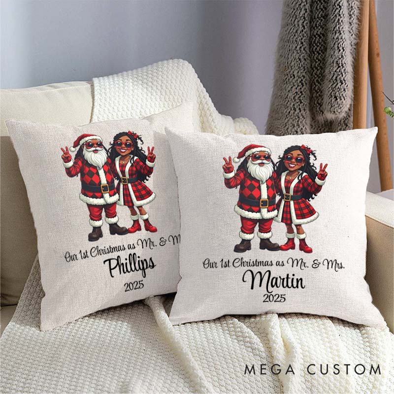 Personalized Santa Couple Our First Christmas as Mr. and Mrs. Pillow Newlyweds Name Pillow Xmas Pillow Hubby Wifey Husband Wife Pillow for Him Her