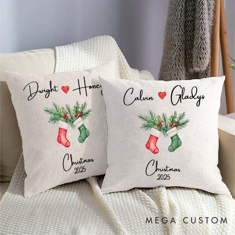 Personalized Couple Christmas Stocking Pillow Custom Couple Name with Heart Pillow Xmas Pillow Boyfriend Girlfriend Husband Wife Pillow for Him Her