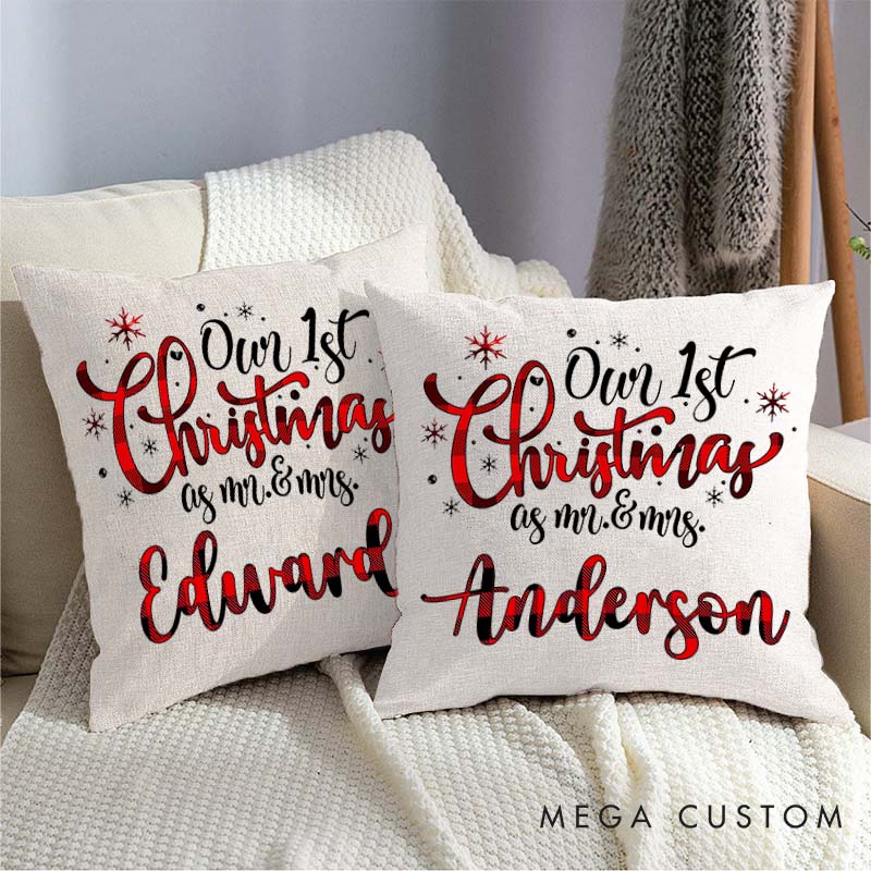 Personalized Couple Red Plaid Our First Christmas as Mr. and Mrs. Pillow Newlyweds Name Pillow Xmas Pillow Hubby Wifey Husband Wife Pillow for Him Her