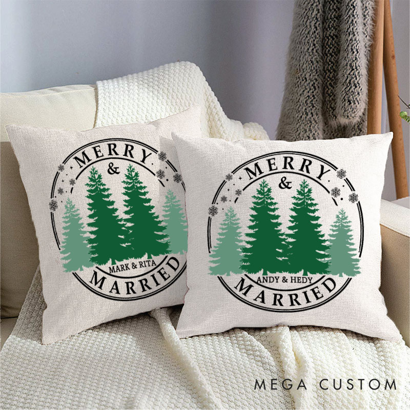 Personalized Couple Merry and Married Christmas Pillow Custom Newlyweds Name Pillow Xmas Tree Pillow Hubby Wifey Gift Husband Wife Pillow for Him Her