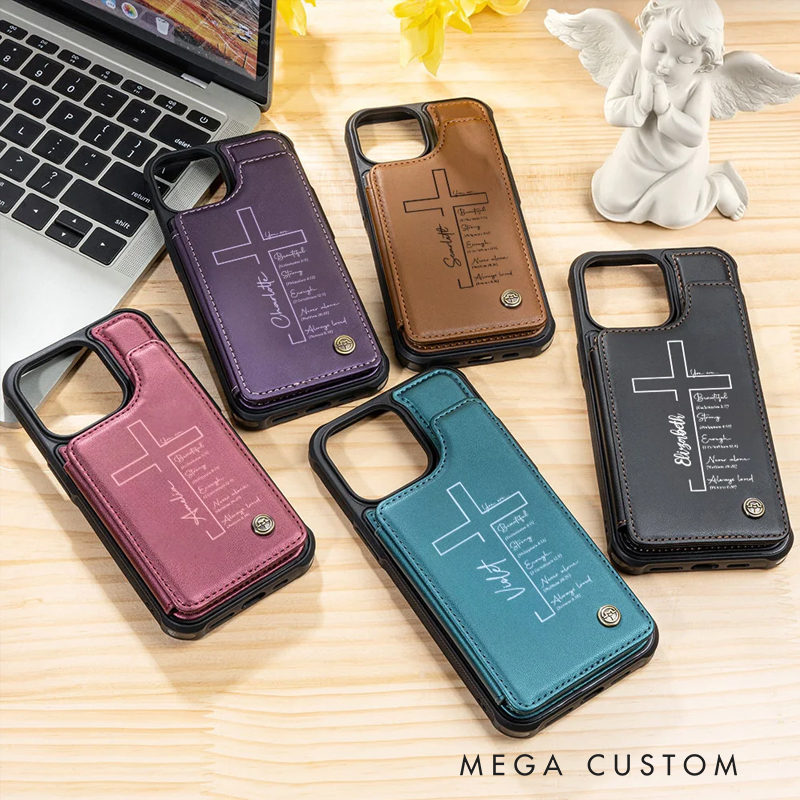 Personalized Cross Bible Leather Flip Wallet Phone Case for iPhone with Name RFID Blocking Card Holder Baptism Birthday Gift for Christian