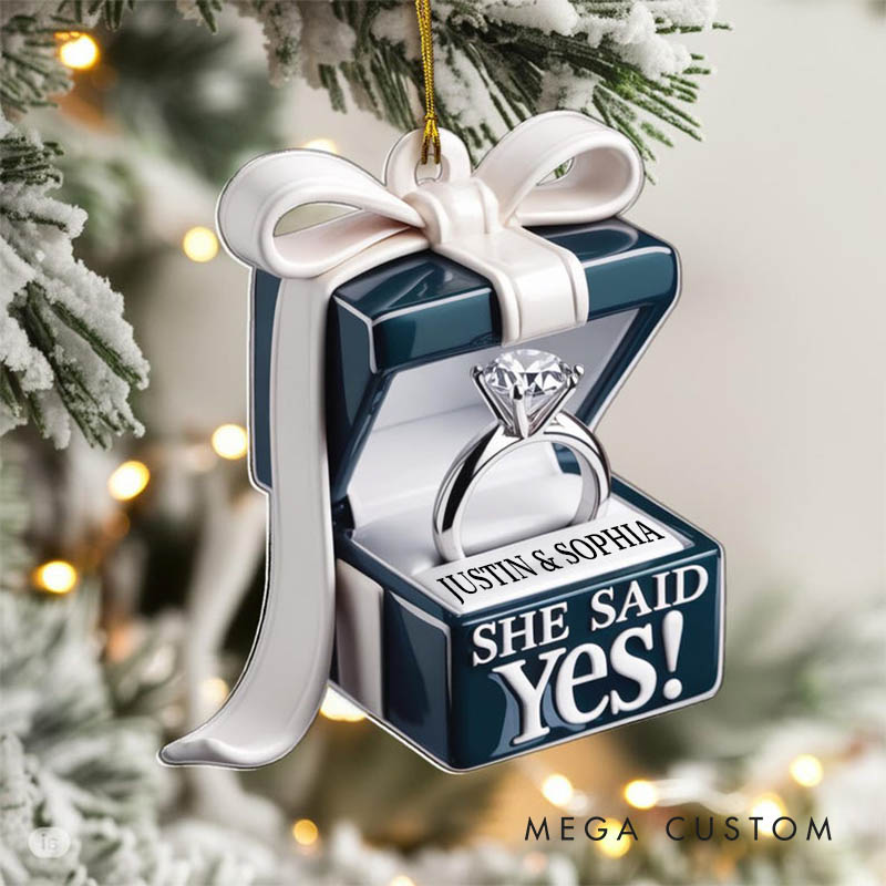 Personalized Couple Engagement She Said Yes Ring Box Acrylic Custom Christmas Ornament Newlywed Name Xmas Christmas Ornaments for Husband Wife