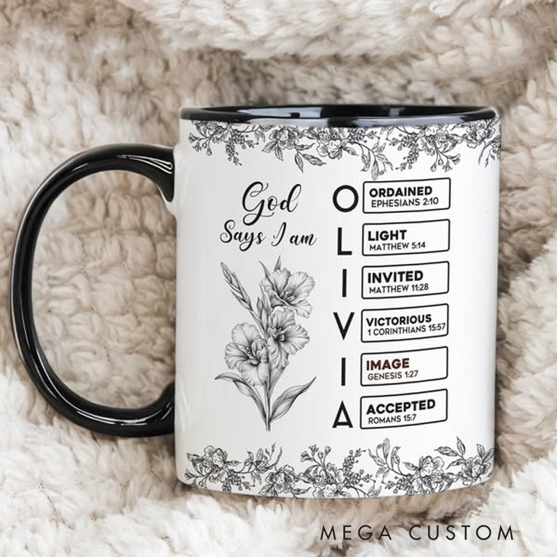 Personalized Toile De Jouy Birth Flower Bible Chapter Ceramic Inner Color Mug with Name Religious Gift Birthday Gift for Christians