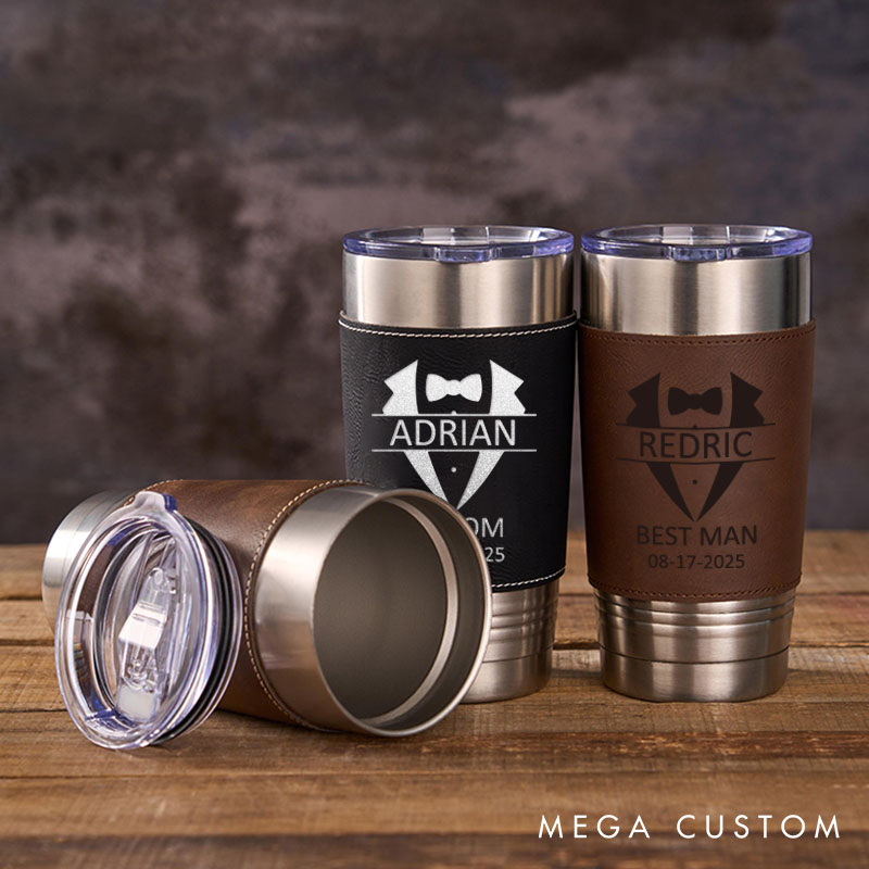Personalized Groomsmen Gifts Tumbler 20oz Tumbler with Leather Sleeve for Men Groom Best Man Bachelor Party Gift Tumbler for Him