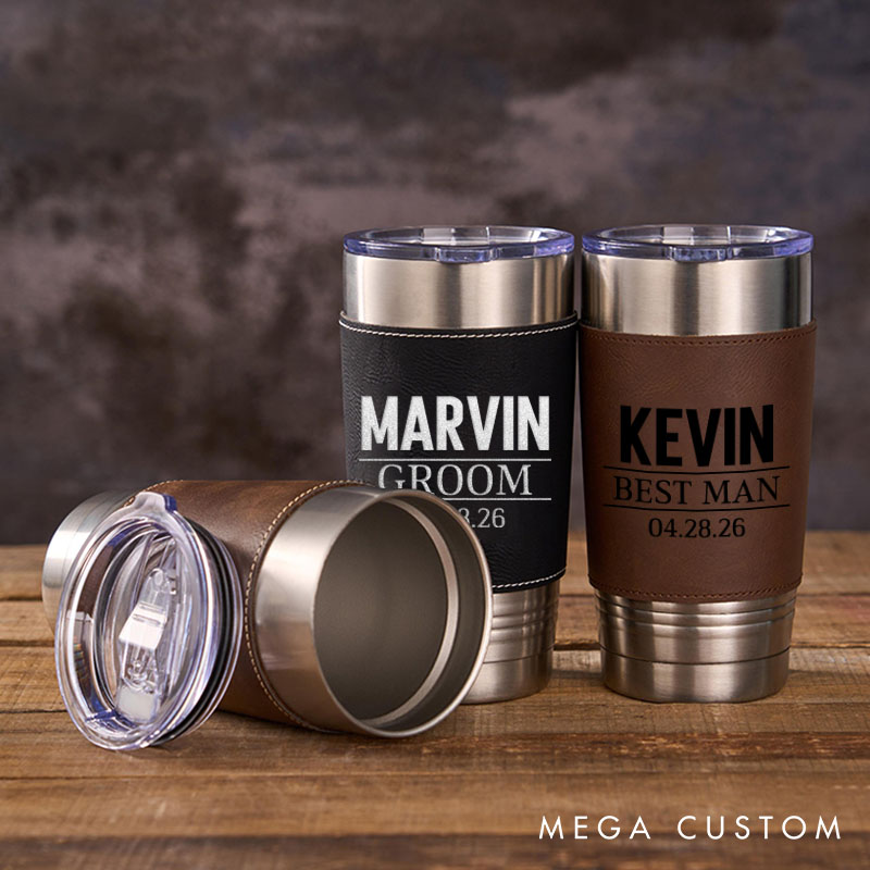 Personalized Groomsmen Gifts 20oz Leather Tumbler Engraved Leather Sleeve Coffee Mug for Groom Best Man Gift Bachelor Party Gift Tumbler