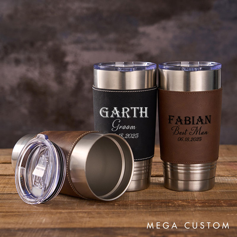 Personalized Groomsmen Gifts 20oz Tumblers Custom Men’s Tumbler with Leather Sleeve for Best Man Leather Coffee Mug for Groom Best Man Wedding Party Gift Tumbler