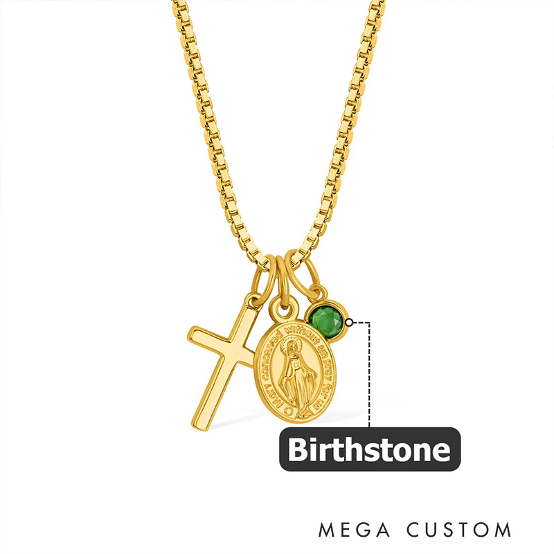 Personalized Virgin Mary Cross Necklace with Birthstone Dainty Jewelry Birthday Gift Religious Gift for Christian Women 