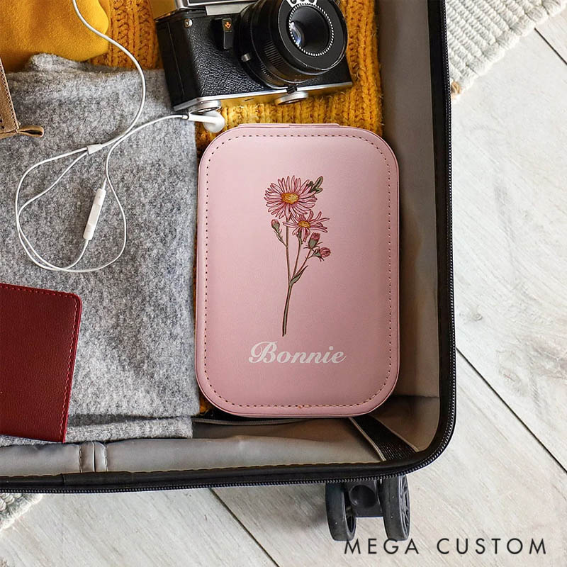 Personalized Portable Leather Travel Jewelry Box with  Birth Flower Name and LED Makeup Mirror Birthday Gift for Women