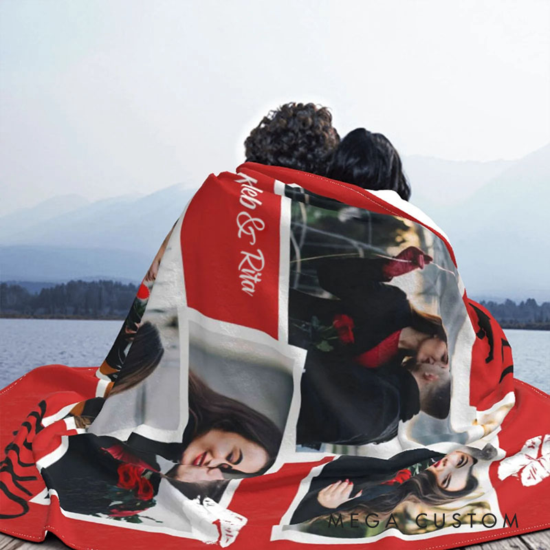 Personalized Couple XOXO Lip Print Photo Collage Fleece Blanket with Name Couple Photo Valentine's Day Blanket for Husband Wife Boyfriend Girlfriend