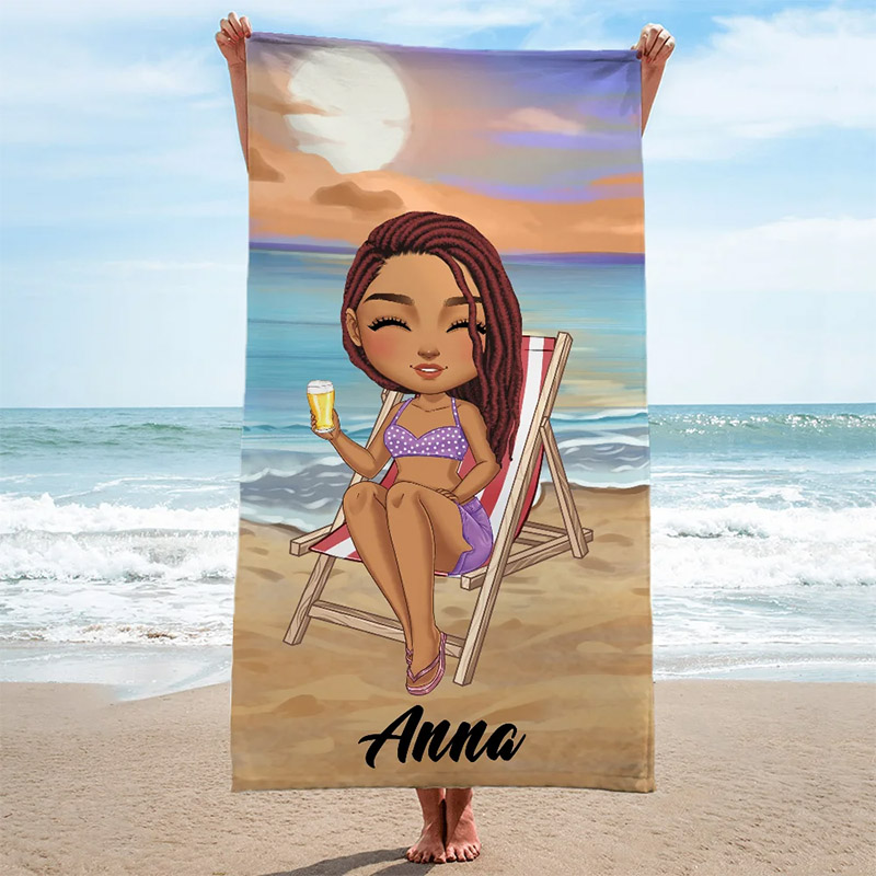 Personalized Sky Blue Sunset Cartoon Quick Dry Oversized Microfiber Beach Towel with Name Summer Travel Essentials Birthday Gift for Family Friends