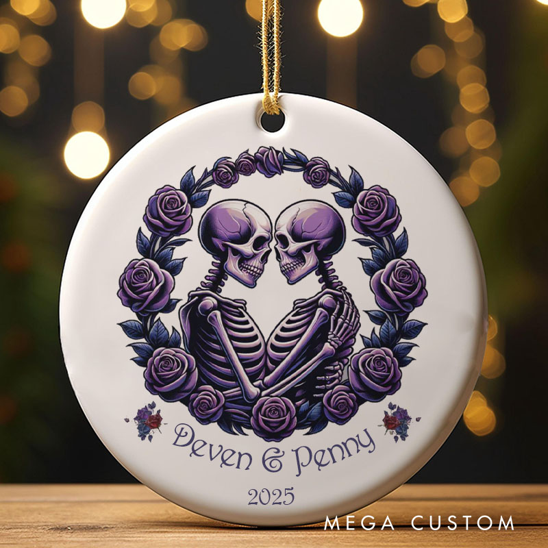 Personalized Romantic Skeleton Couple Ornament Purple Roses Halloween Keepsake Ornament Couple Halloween Gift for Husband Wife