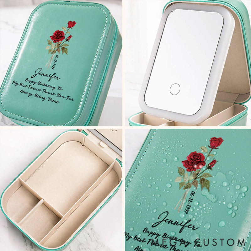 Personalized Birth Flower PU Leather Jewelry Box with LED Three-Color Adjustable Mirror and Text Name Date Travel Essential Birthday Gift for Women