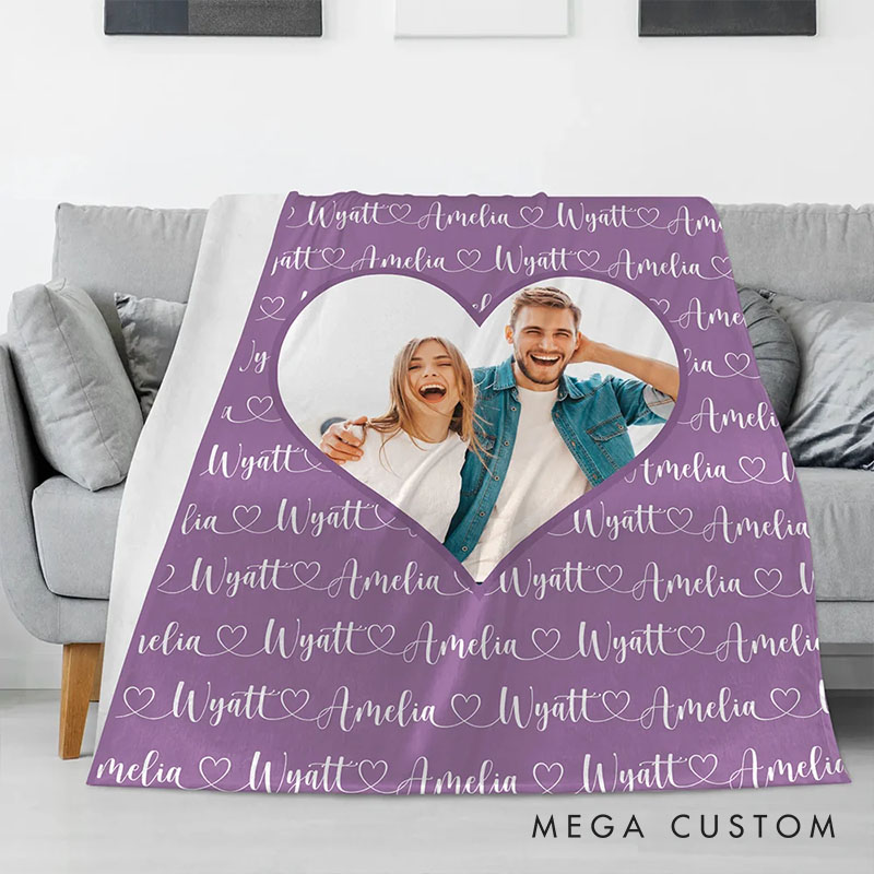 Personalized Heart Couple Photo Blanket with Couple Name Custom Newlywed Name Blanket Valentine's Day Gift for Husband Wife Boyfriend Girlfriend
