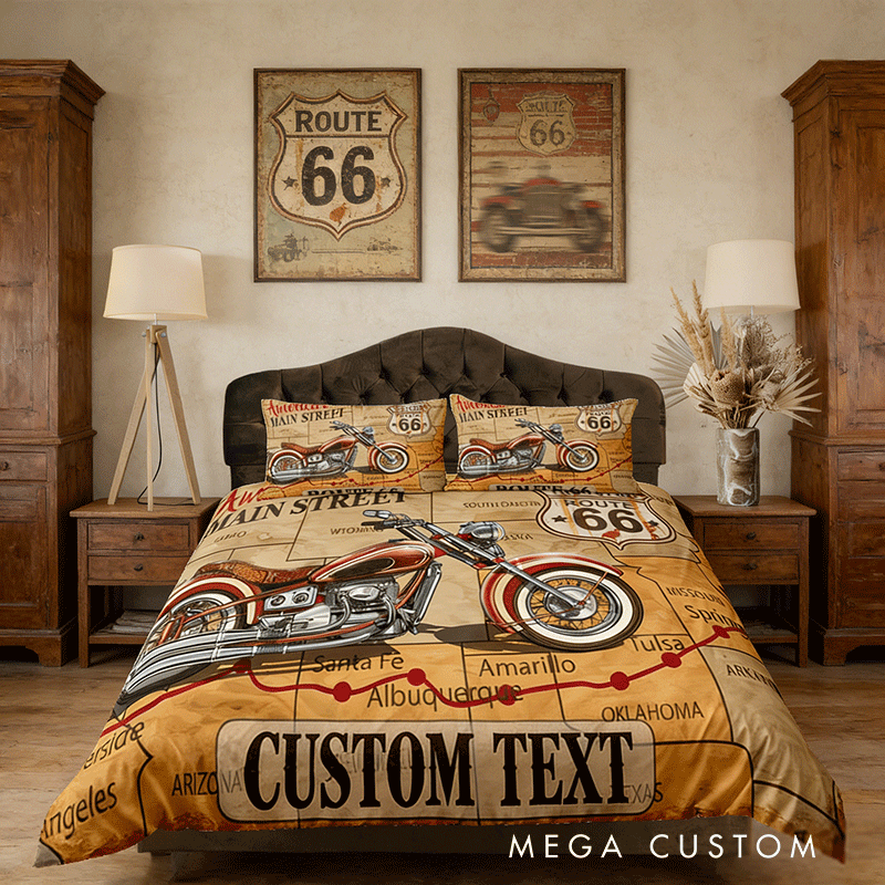 Personalized Retro Route Motorcycle Duvet Cover Custom Name Bedding Quilt Cover Gift