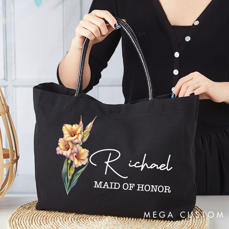Personalized Bridesmaid Retro Oil Painting Birth Flower with Birthstone Large Jute Tote Bag