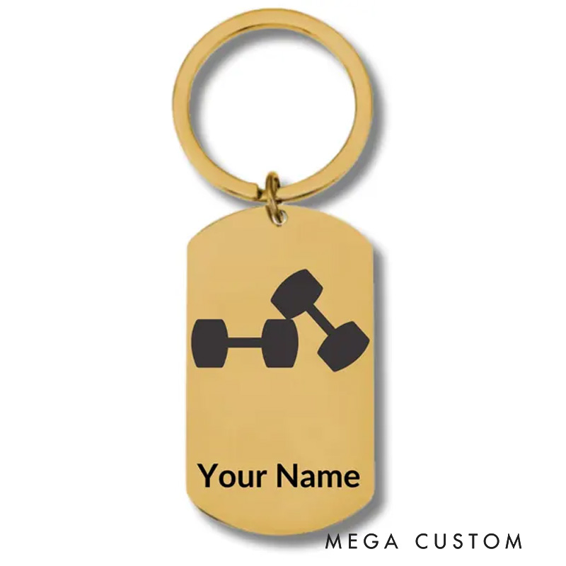 Personalized Engraved Metal Oval Keychain with Dumbbells Workout Stainless Steel Keychain for Gym Lovers