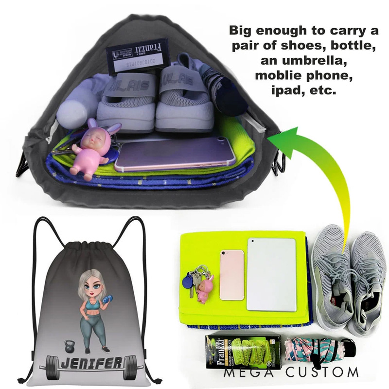 Personalized Cartoon Fitness Girl Design Water Resistant Drawstring Backpack with Name Gym Workout Birthday Gift for Sports Fitness Lovers