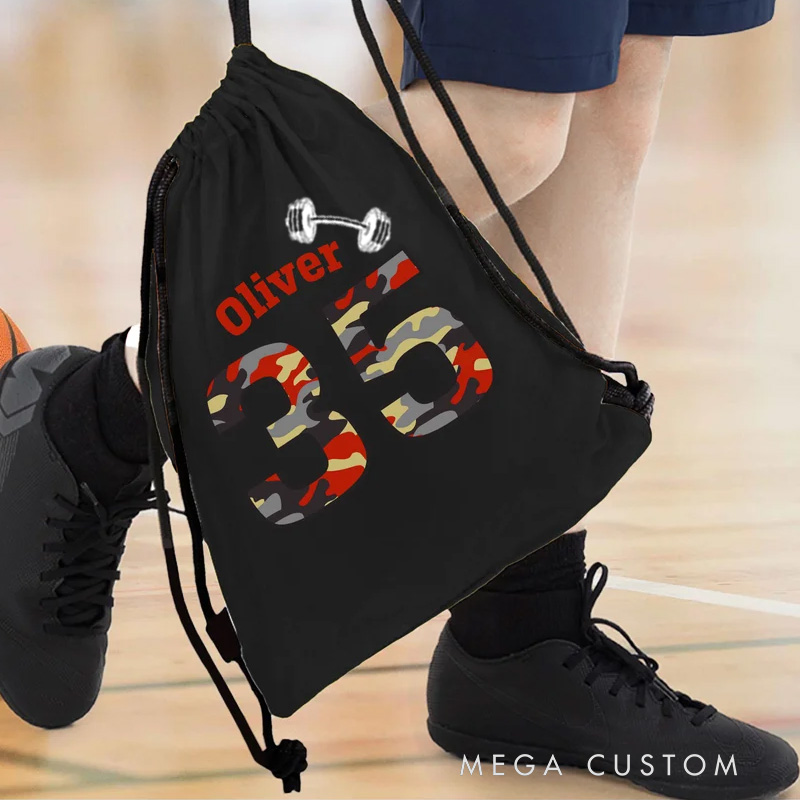 Personalized Stripes Camo Sports Pattern Name Drawstring Bag with Initial or Number Birthday Gift for Fitness Gym Sports Lovers