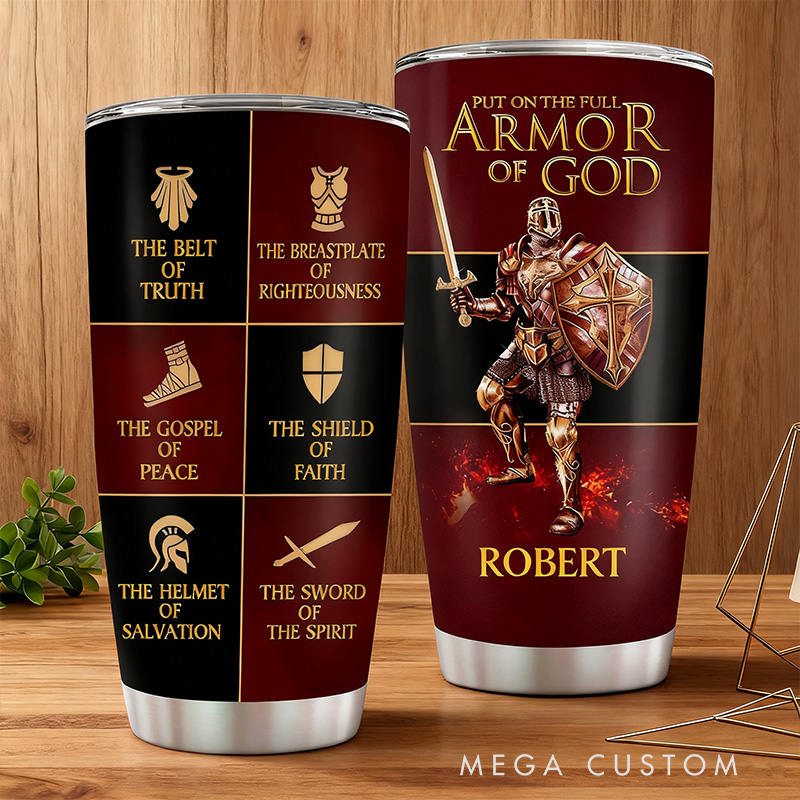 Personalized Put on the Full Armor of God 20oz Stainless Steel Tumbler with Name Religious Gift Faith Gift for Christians