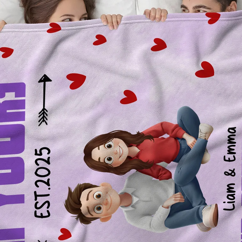 Personalized I'm Yours Couple Blanket Cute 3D Cartoon Couple Soft Throw Blanket with Name and Text Valentine's Day Anniversary Gift for Couples Lovers