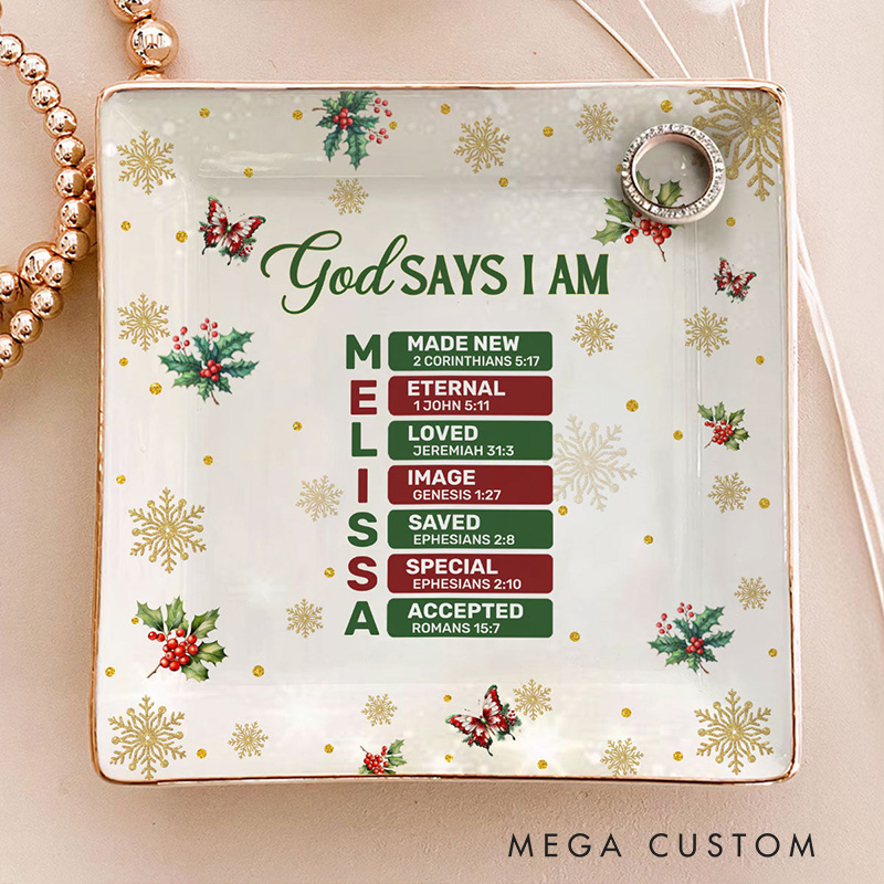Personalized God Says i am Bible Chapter Ceramic Square Ring Dish with Name Religious Gift for Christians