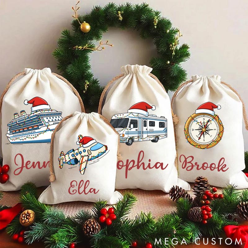 Personalized Travel Christmas Sack with Santa Hat Plane Gift for Travel Lovers and Custom Name