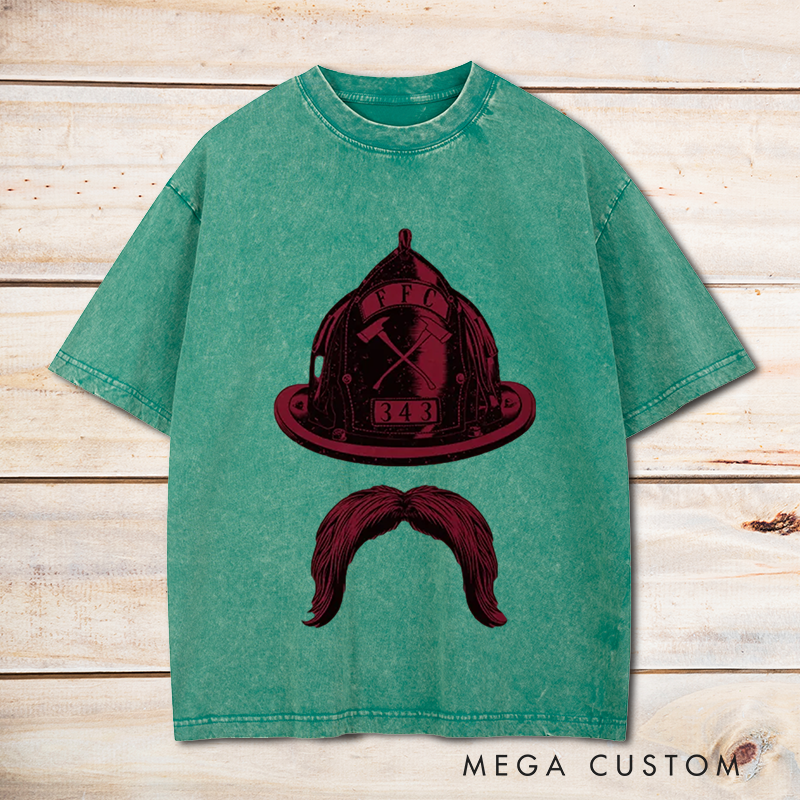 Personalized Firefighter Washed T-Shirt Fire Helmet and Mustache Minimalist Design Unique Gift for Firefighters