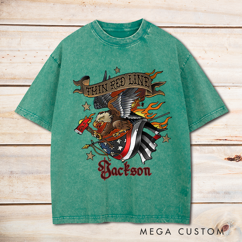 Personalized Firefighter Washed T-Shirt Thin Red Line Eagle and Flag Patriotic Design Unique Gift for Firefighters