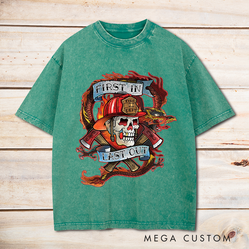 Personalized Firefighter Washed T-Shirt First In Last Out Skull and Fire Helmet Design Unique Gift for Firefighters